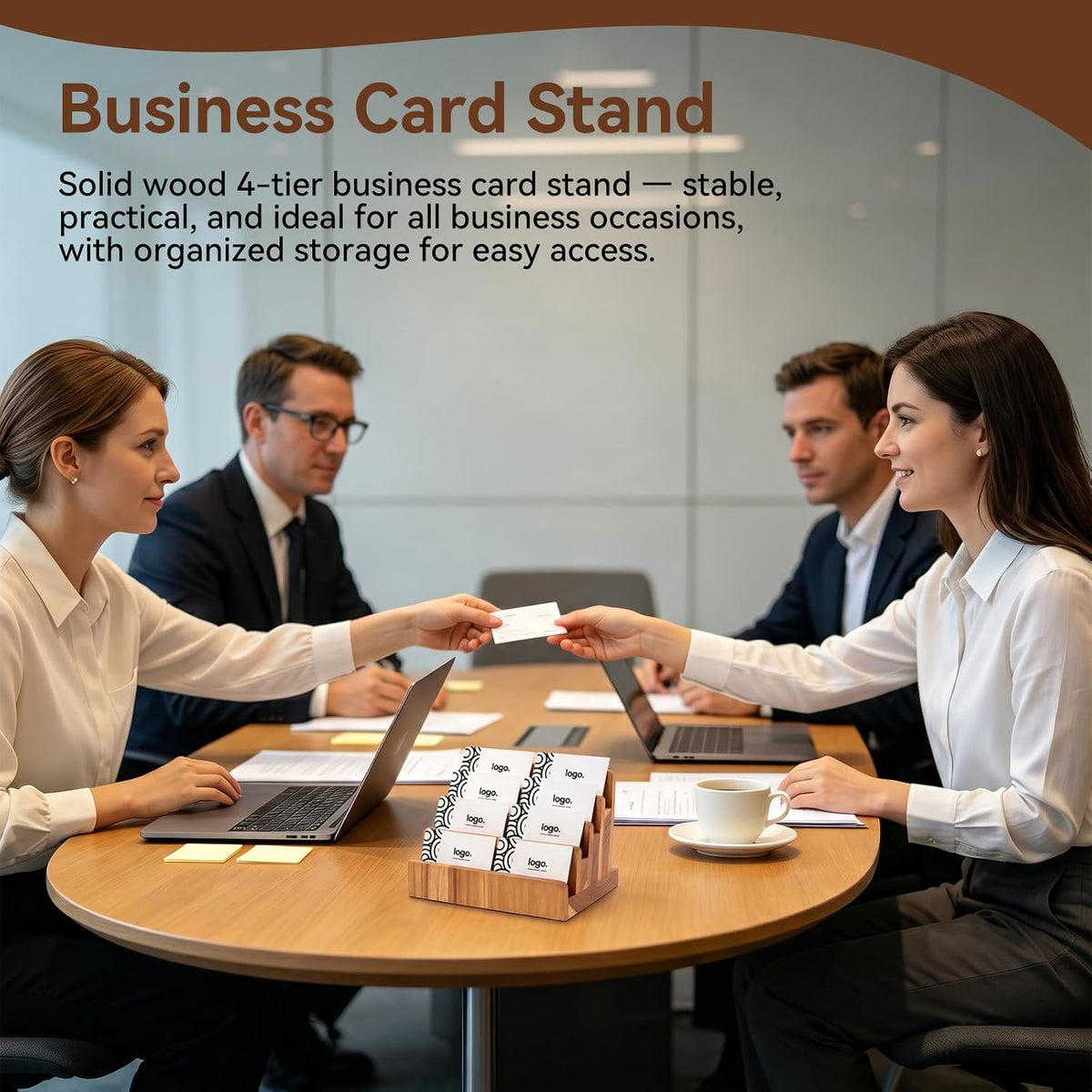 4 Tier Acacia Wood Business Card Holder,Desktop Business Card Display Stand
