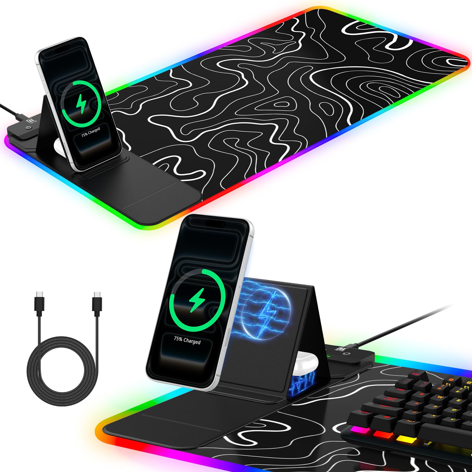 XXL Mouse Pad with Phone Holder - Black, RGB Desk Mat with 15W Fast Charging, LED Gaming Mousepad with 11 Light Colors, Waterproof Non-Slip Pad for Office & Home (Black with PD Adapter)