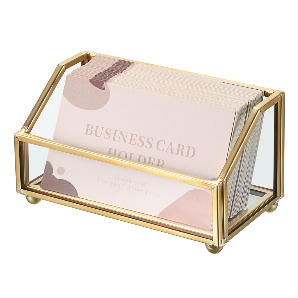 Hipiwe Glass Business Card Holder for Desk 2 Slots Gold Name Card Stand