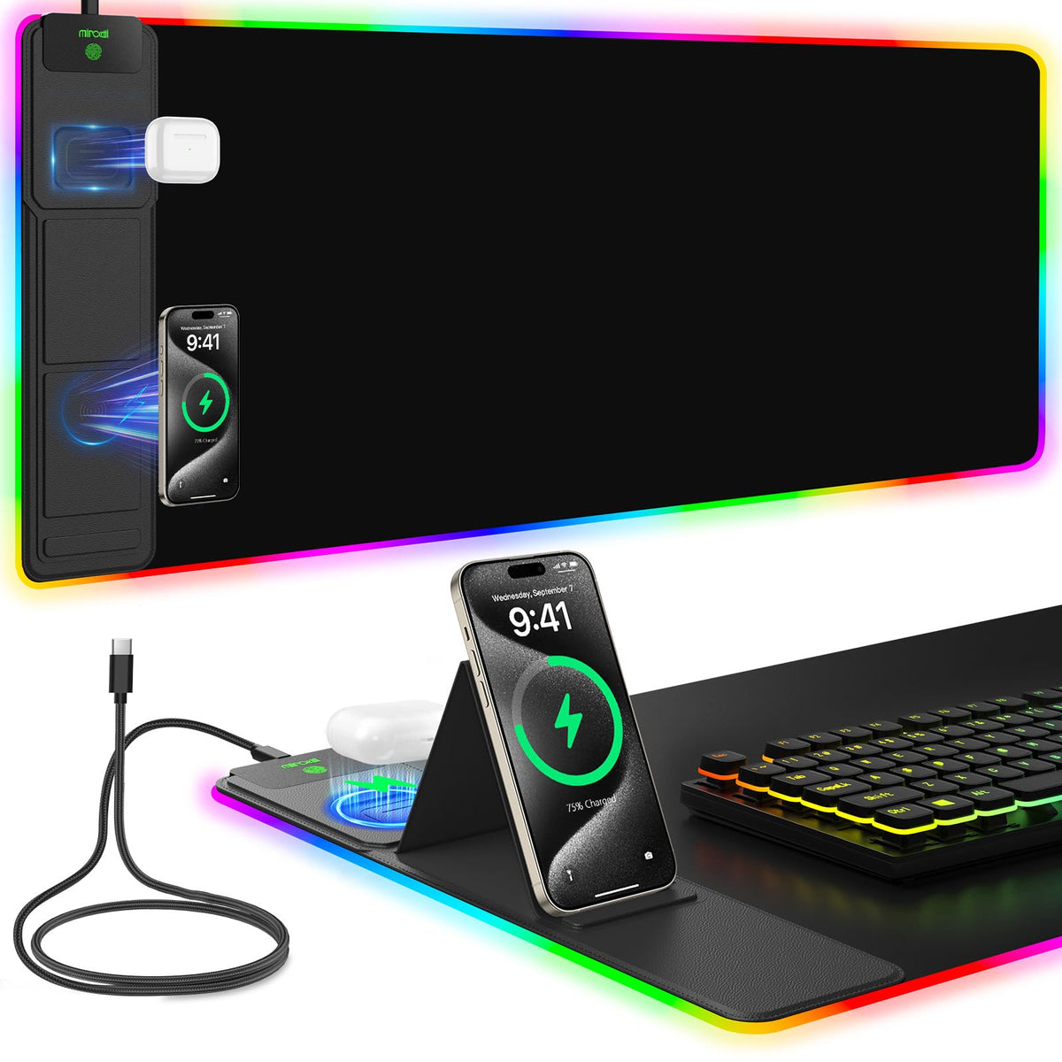 Wireless Charging RGB Mouse Pad with Phone Stand, Large Gaming Desk Mat