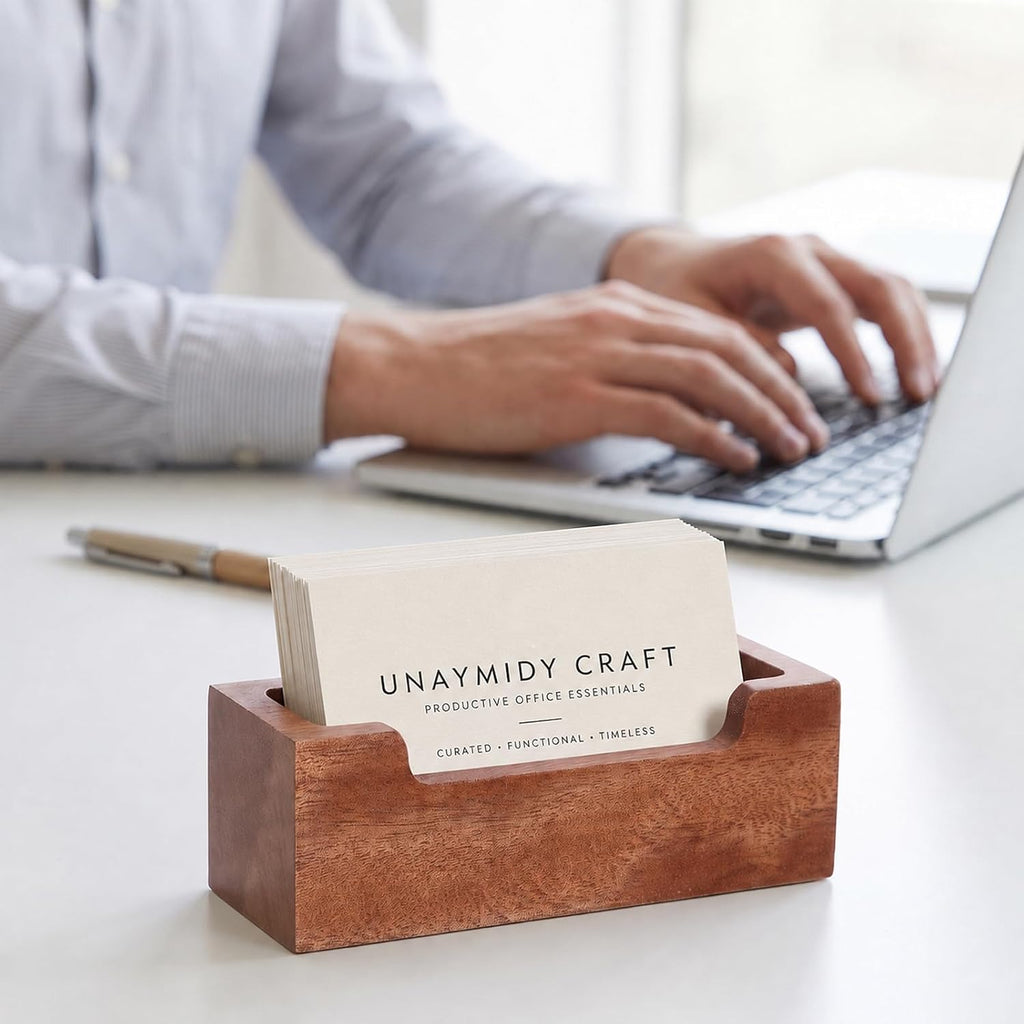 Desktop Business Card Holder, Acacia Wood Name Card Organizer for Desk