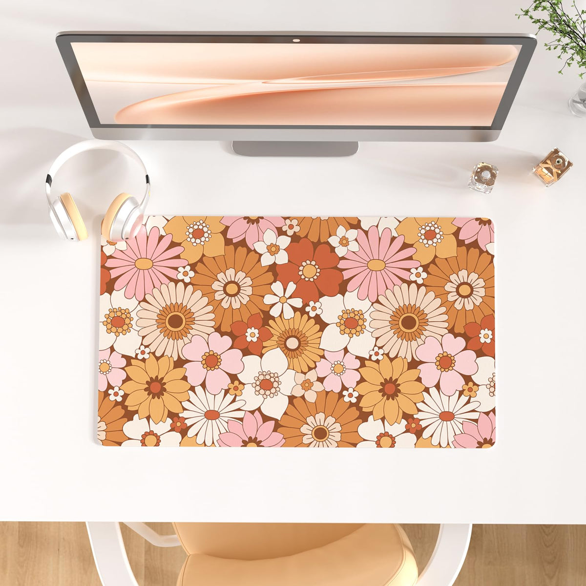 Faux Leather Large Mouse Pad, Office Desk Mat, 31.5"x15.7", Pink Floral