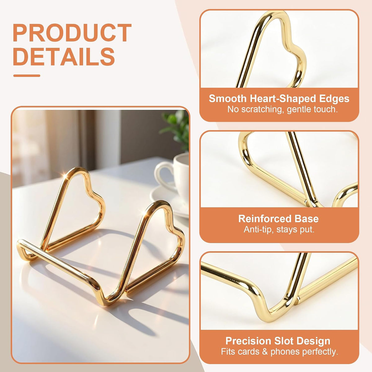 Business Card Holder Desk,Cute Metal Business Cards Holder, Heart Shaped Business Card Display Stand for Men & Women, Small Smartphone Stand & Photo Holder for Office Vendor Booth (Gold)