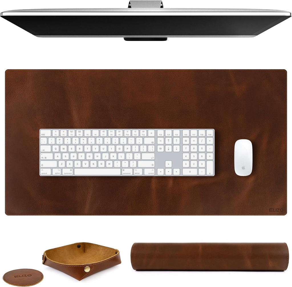 Elizo Real Leather Desk Mat Set (32x16) Large Desk Cover Desk Blotter Protector Computer Gaming Mouse Pad Table Laptop Office Desktop Accessories