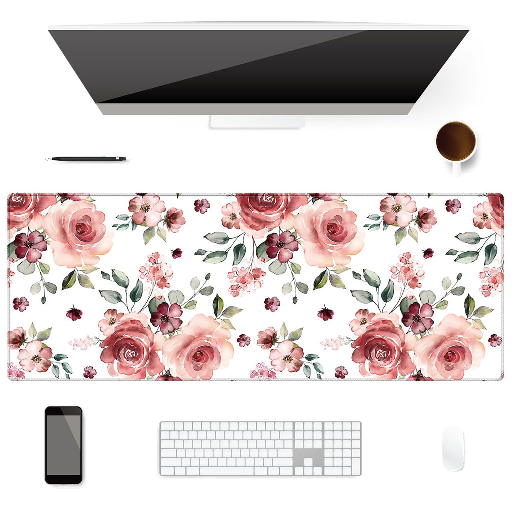 Extended Desk Mat (31.5x11.8 inch 3mm Thick), iDonzon Soft Cute Extra Large XXL Waterproof Gaming Mouse Pad with Non-Slip Rubber Base & Stitched Edges, for Working/Game, Garden Flowers
