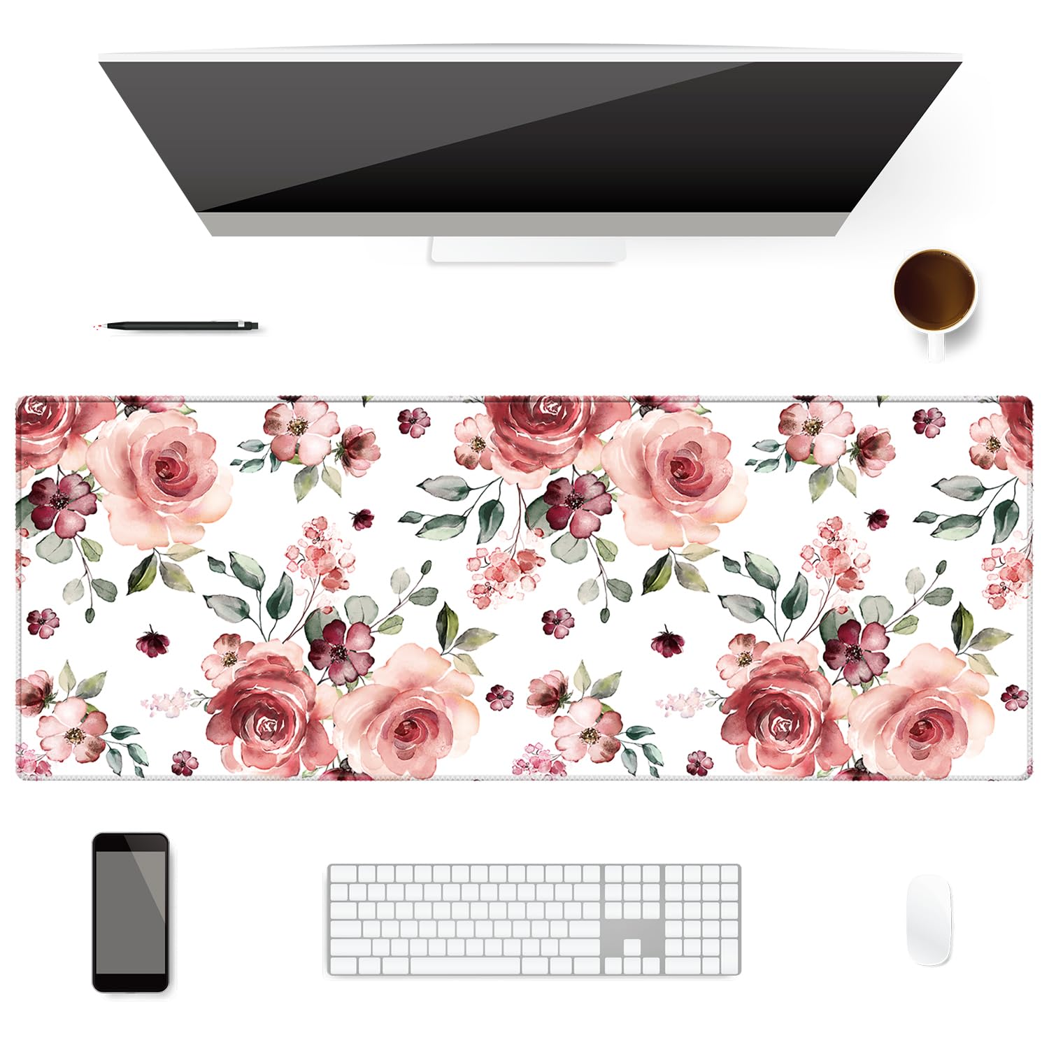 Extended Desk Mat (31.5x11.8 inch 3mm Thick), iDonzon Soft Cute Extra Large XXL Waterproof Gaming Mouse Pad with Non-Slip Rubber Base & Stitched Edges, for Working/Game, Garden Flowers