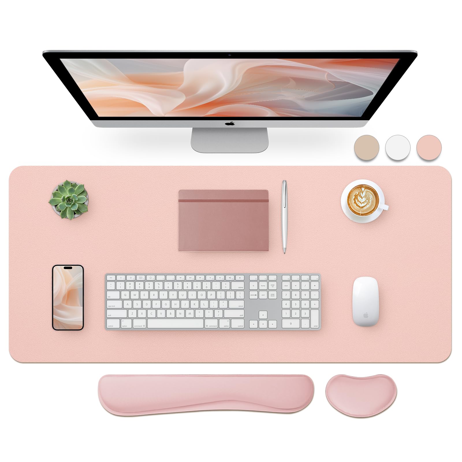 Bloss Leather Desk Pad and Keyboard Wrist Rest, Large Mouse Pad + Keyboard Pad+Mouse Wrist Support, Non-Slip Desk Mat Protector for Office, Home(31.5×15.7 Inches,Beige)