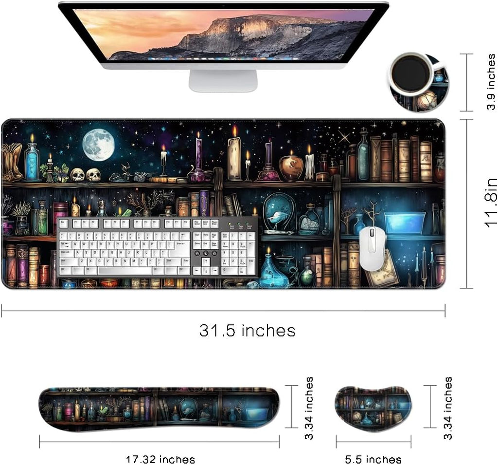 MIBITRI Keyboard Mouse Pad Set, Extended Gaming Mouse Pad+Ergonomics Keyboard Wrist Rest Support, Memory Foam, Easy Typing Pain Relief, 4Pcs XXL Ultra Thick Desk Mat, Enchanted Bookshelf