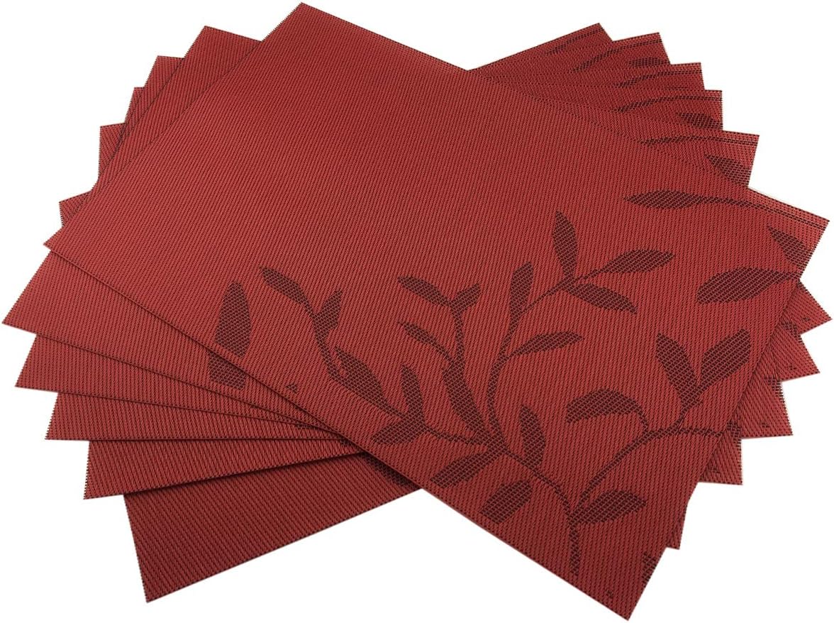 Place Mats PVC Set of 6, Table Placemats Set of 6 PVC Table Mats Natural Color (6 pcs, Red Leaves)