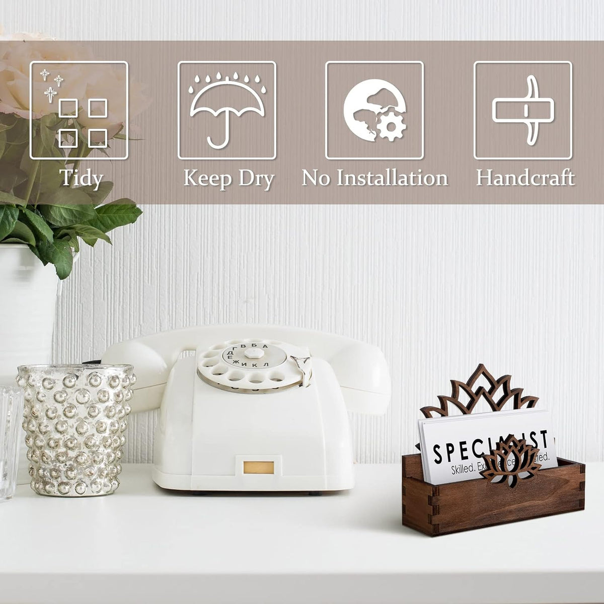 Qunclay 2 Pack Lotus Flower Business Card Holder, Wooden Decorative Business Card Holders for Desk Postcard Organizer Display Stand for Office Desktop(Dark Brown)