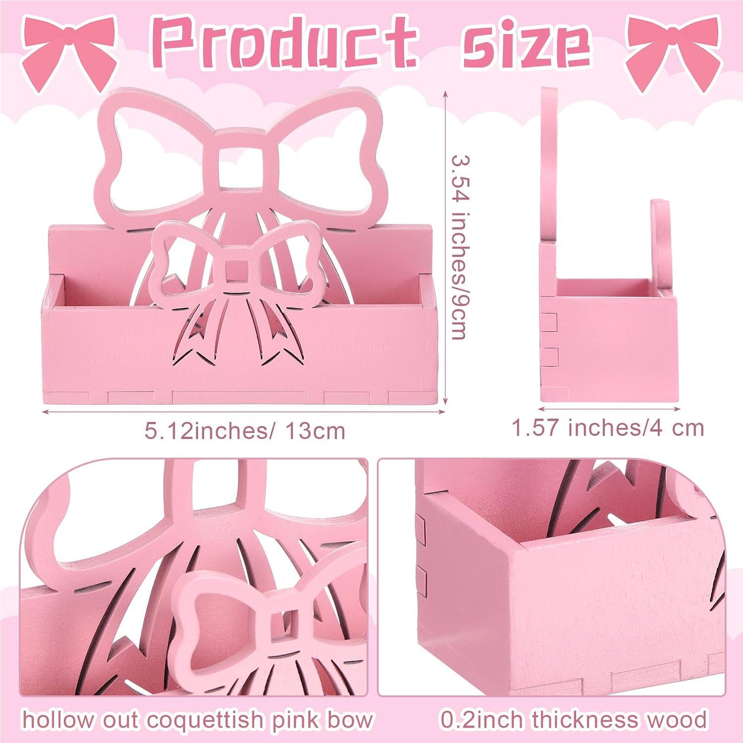 Weysat 2 Pcs Pink Bow Wooden Business Card Holders for Women Desk