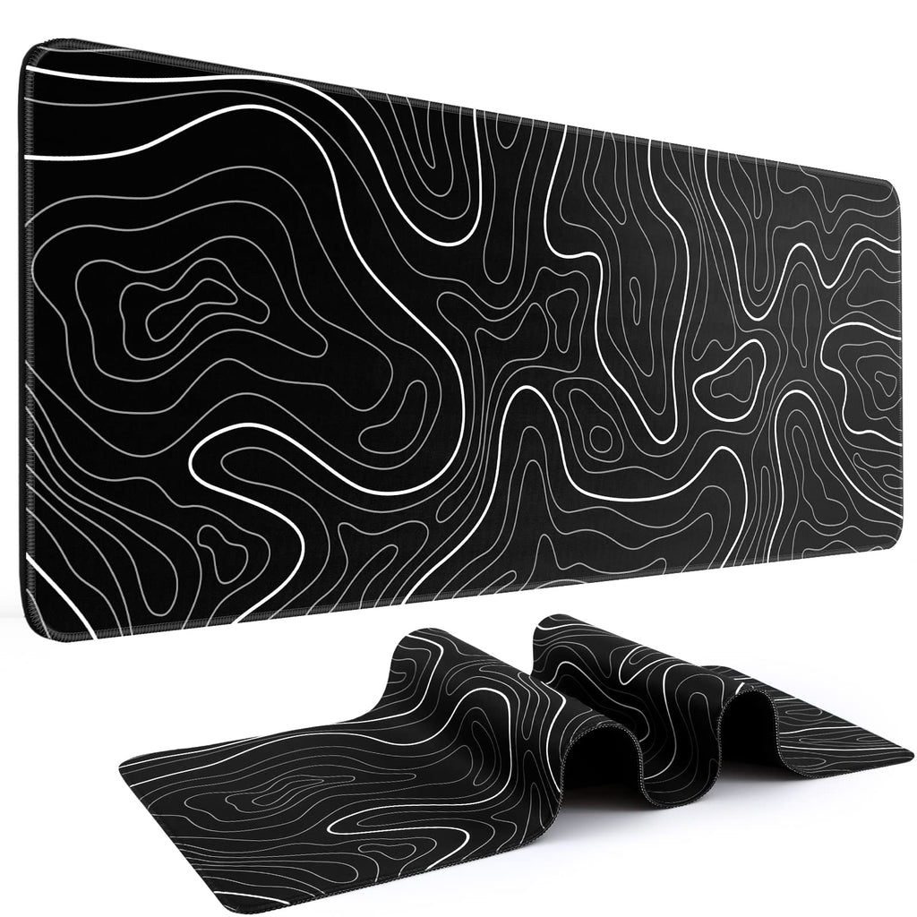 DIGSOM Gaming Mouse Pad, Black with White Topographic Line, 31.5x11.8in