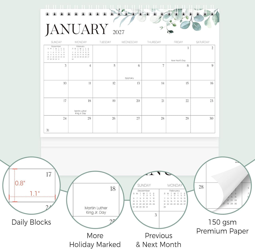 SKYDUE Small Desk Calendar 2026-2027, Jul. 2026- Dec. 2027, 8x6 Compact Standing Flip Desktop Calendar, Leaf