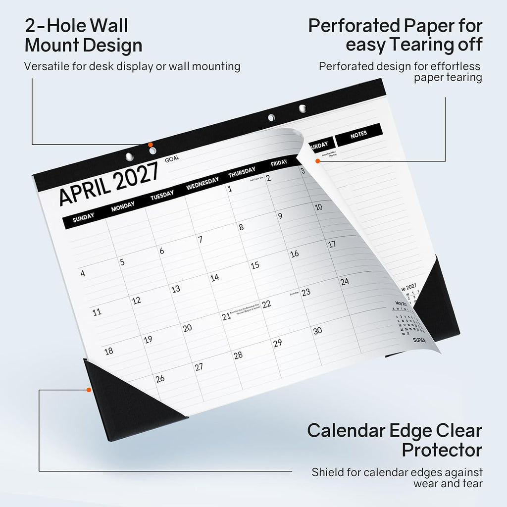 SUNEE Desk Calendar 2026-2027, 17" x 12", 18-Month Monthly Desk Calendar from Jul. 2026 - Dec. 2027, Academic Desk Calendar with Notes Section for Teacher, School, Black With Note