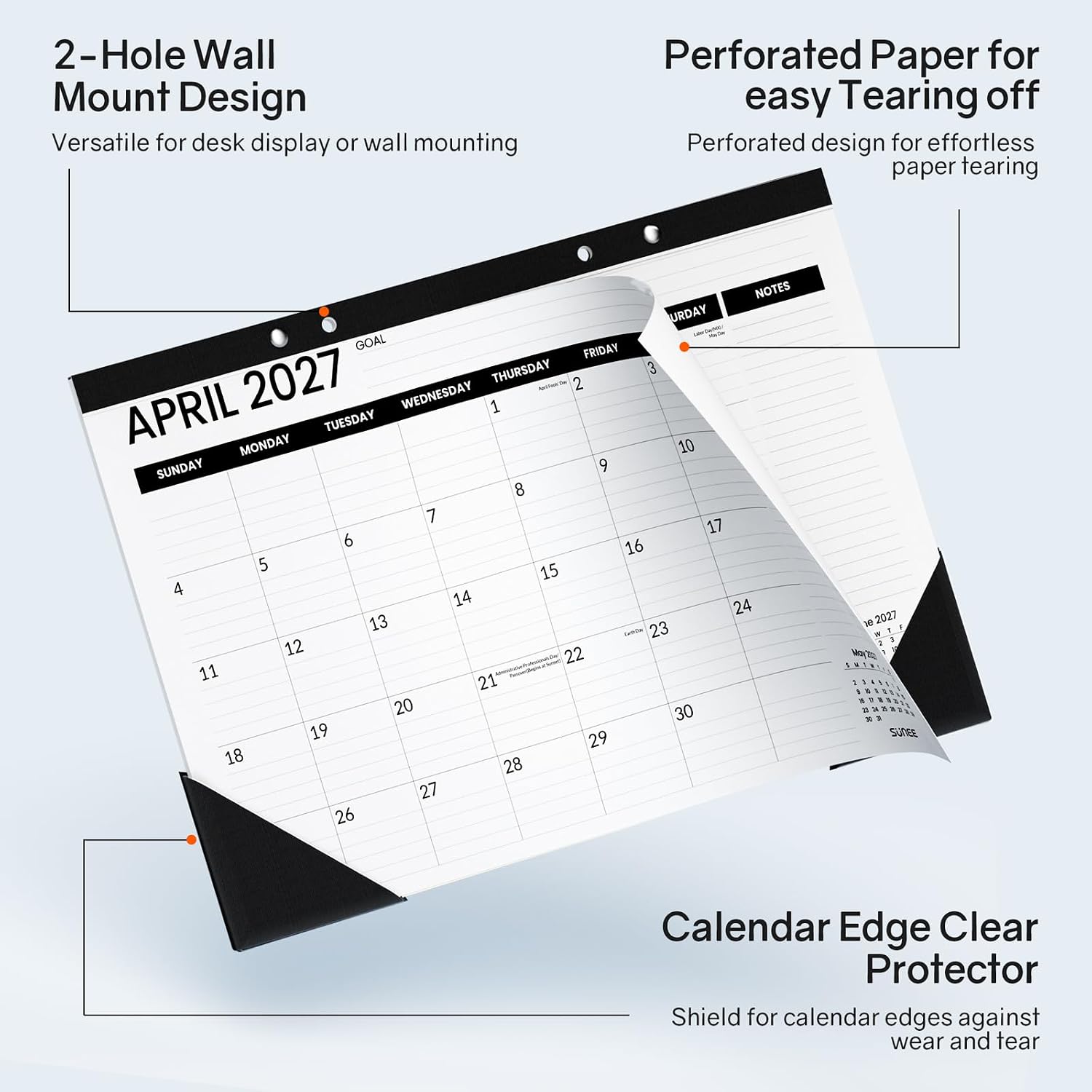 SUNEE Desk Calendar 2026-2027, 17" x 12", 18-Month Monthly Desk Calendar from Jul. 2026 - Dec. 2027, Academic Desk Calendar with Notes Section for Teacher, School, Black With Note