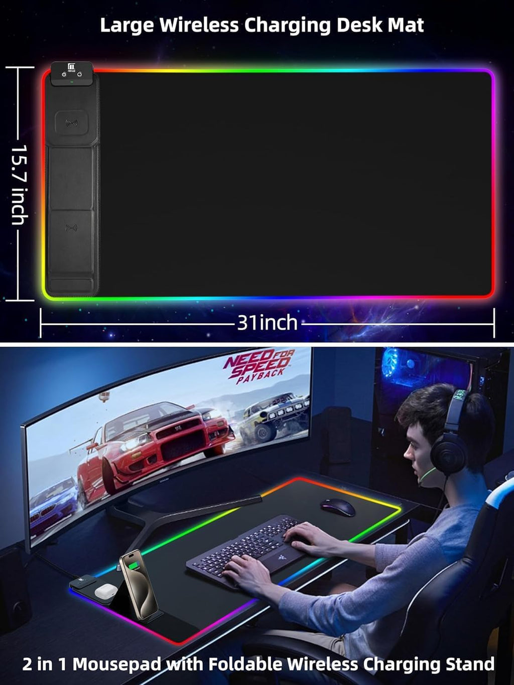 XXL Mouse Pad with Phone Holder - Black, RGB Desk Mat with 15W Fast Charging, LED Gaming Mousepad with 11 Light Colors, Waterproof Non-Slip Pad for Office & Home (Black with PD Adapter)