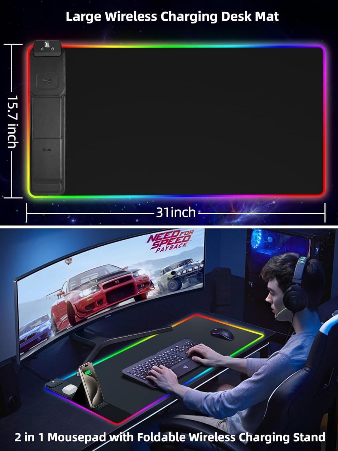 XXL Mouse Pad with Phone Holder - Black, RGB Desk Mat with 15W Fast Charging, LED Gaming Mousepad with 11 Light Colors, Waterproof Non-Slip Pad for Office & Home (Black with PD Adapter)