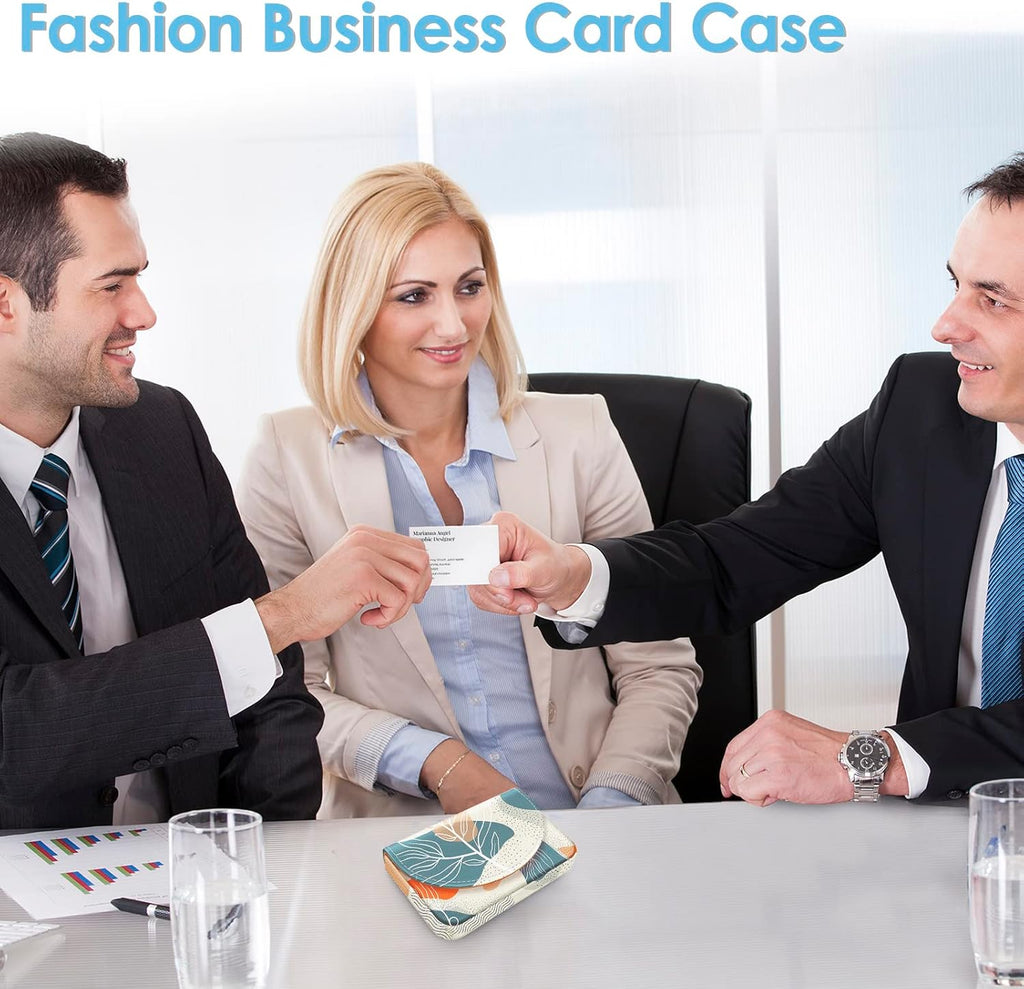 Business Card Holder，PU Leather Business Card Case Color Printing Pattern Card Holder Wallet，Pockets Magnetic Credit Card Holders for Men and Women，Bohemian Leaf