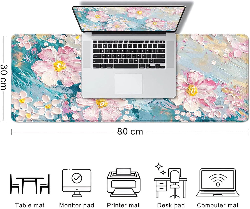 Large Mouse Pad Mousepad, Pink Flowers in a Blue Desk Mats for Desktop, Watercolor Beautiful Floral Laptop Computer Desk Pad, Non-Slip Rubber Base Desktop Mat, 31.5 x 11.8 inches
