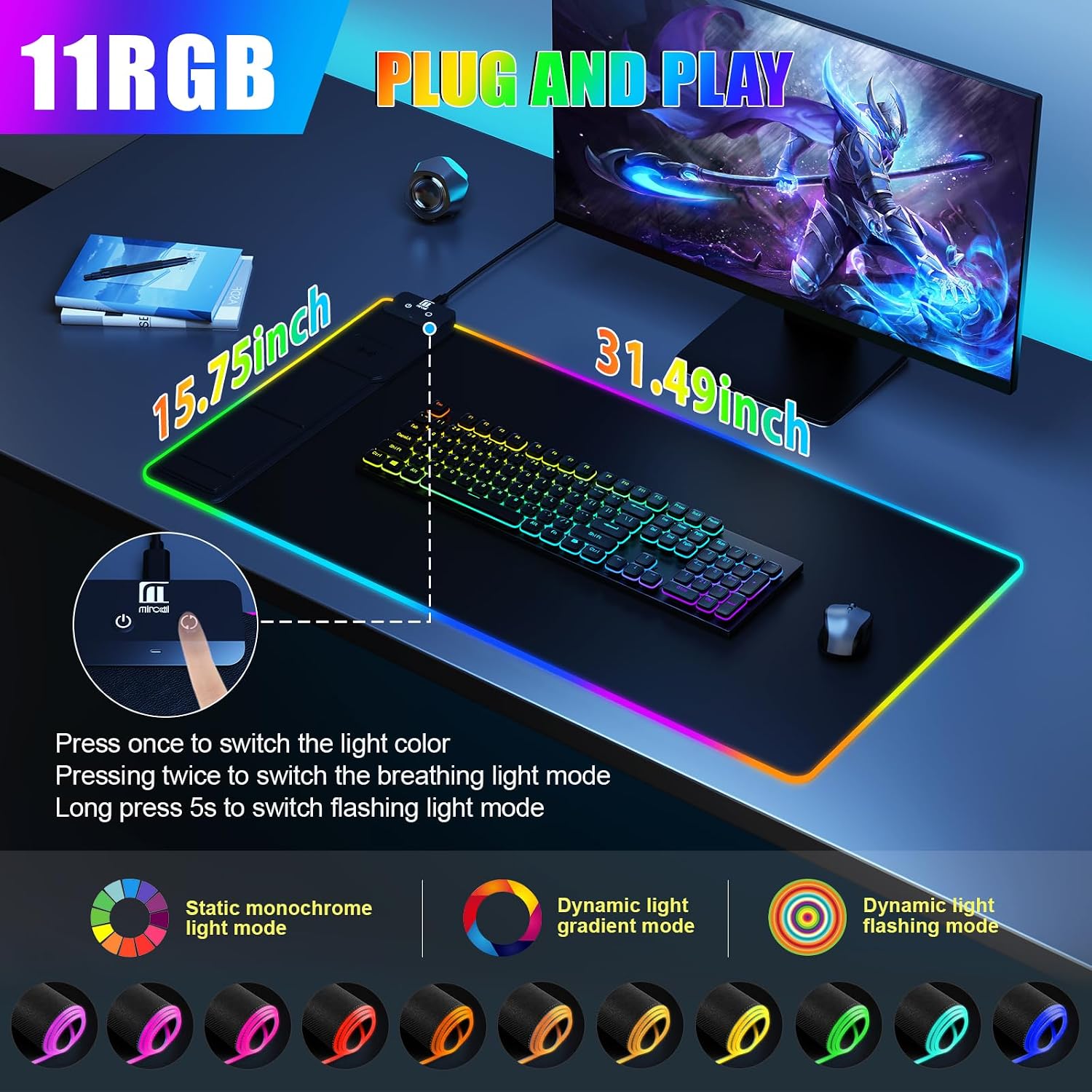 Wireless Charging RGB Mouse Pad with Phone Stand, Large Gaming Desk Mat