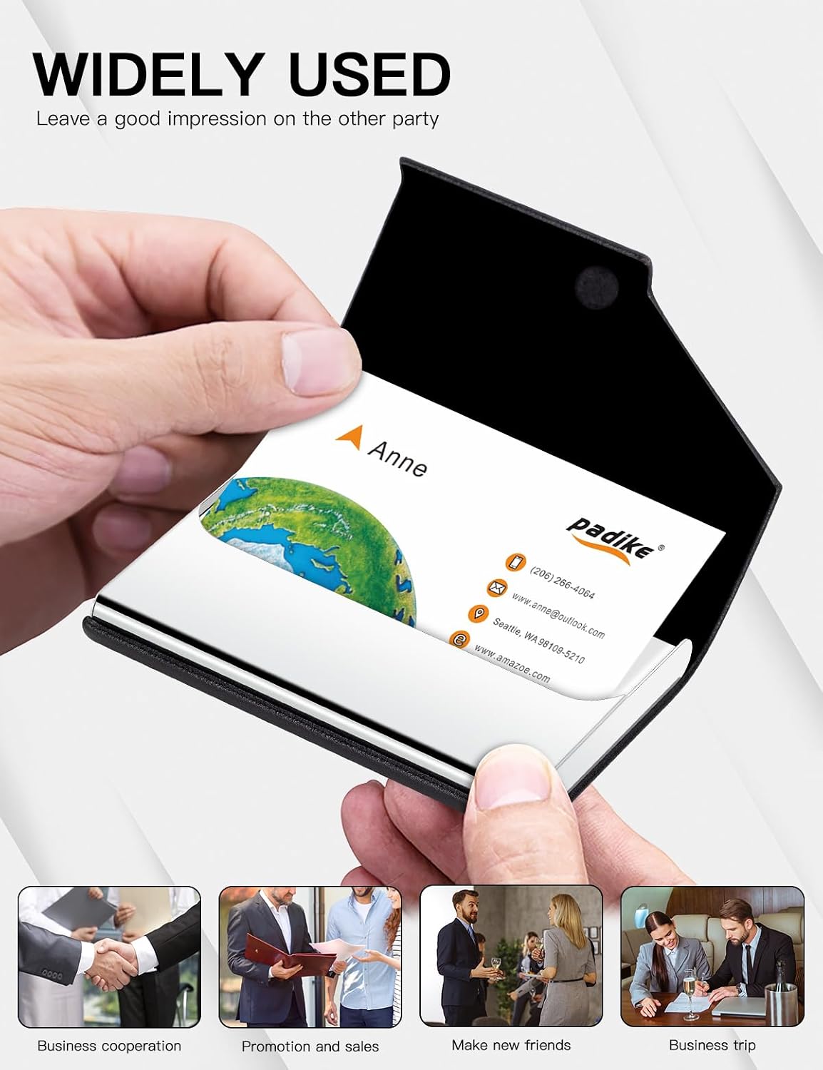 Padike Business Card Holder, Upgraded Leather Business Card Case Pocket Card Holders for Men or Women, Metal Slim Name Card Holder RFID Blocking Business Card Carrier with Magnetic Closure(Black)