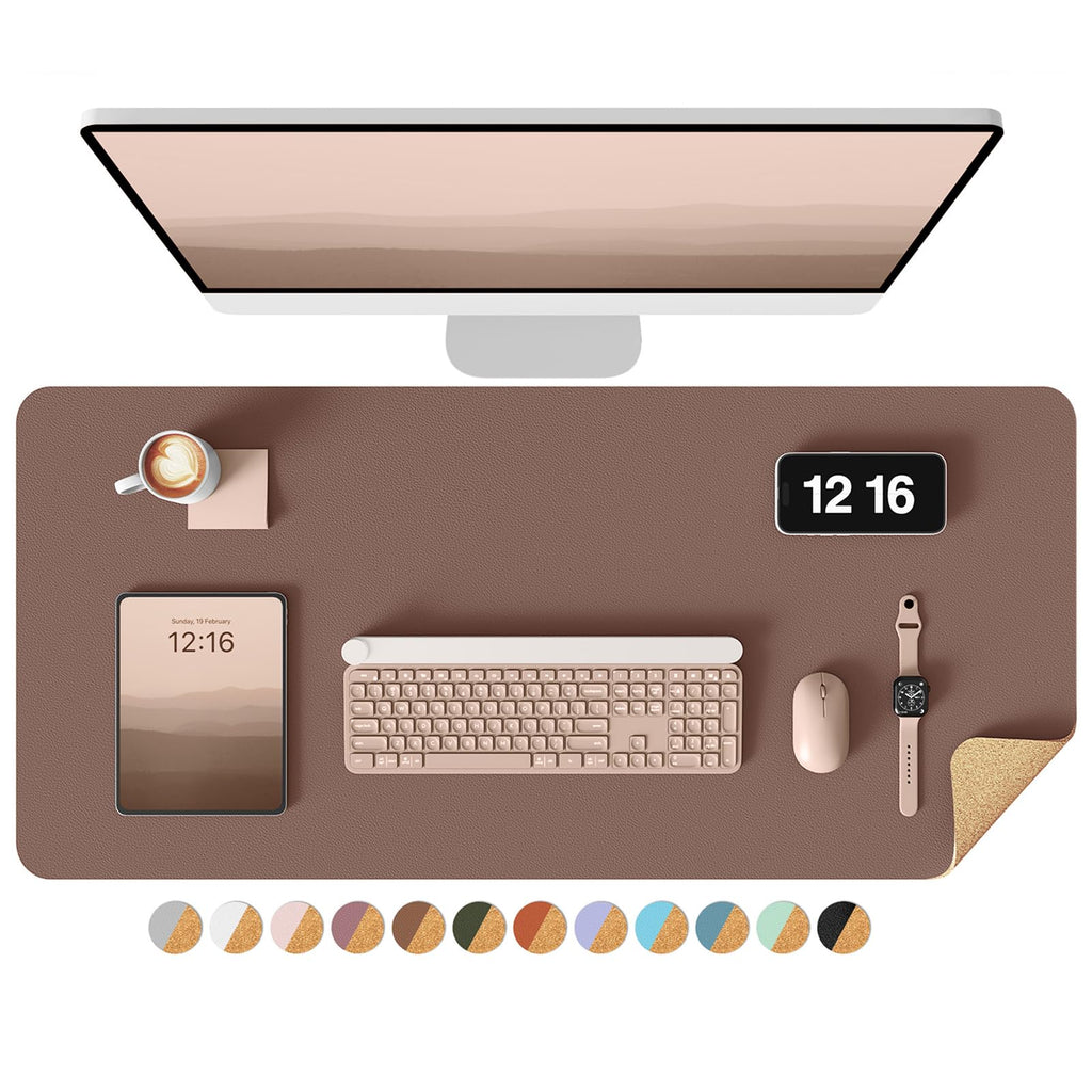 YSAGi Double-Sided Desk Pad, 31.5"x15.7"Leather Desk Mat, Eco Cork Desk Pad Protector,Large Mouse Pad,Waterproof Desk Blotter for Office/Home(Coffee)
