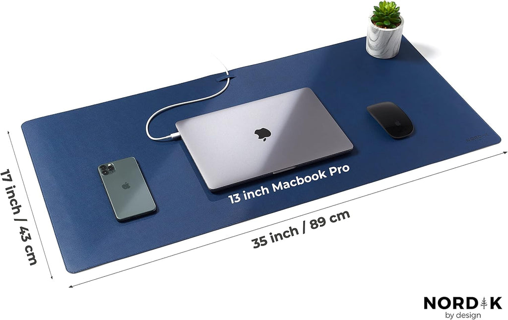 Nordik Leather Desk Mat - Midnight Blue - Large Leather Desk Pad 35x17 in