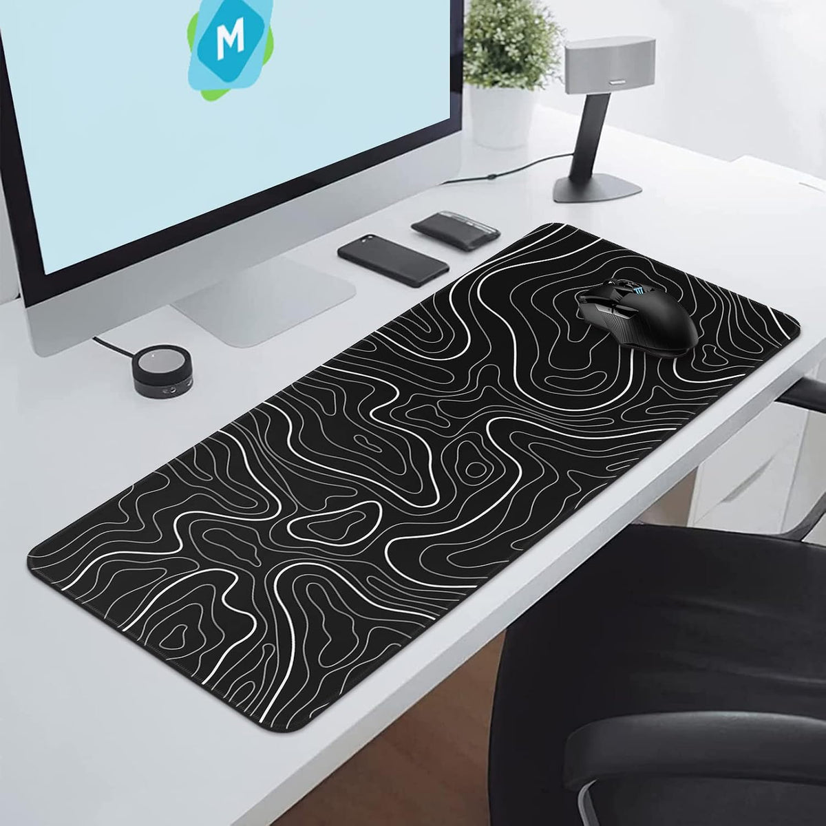 DIGSOM Gaming Mouse Pad, Black with White Topographic Line, 31.5x11.8in