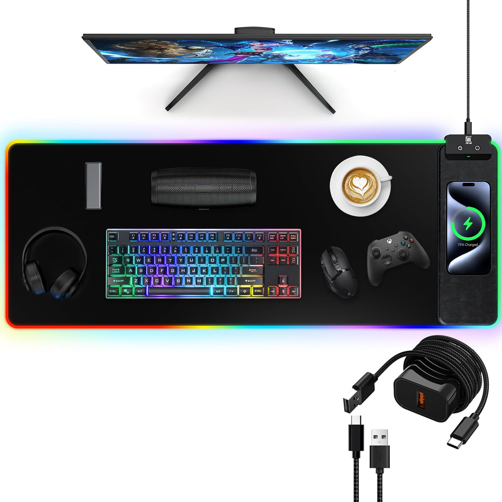Wireless Charging RGB Mouse Pad with Phone Stand, Large Gaming Desk Mat