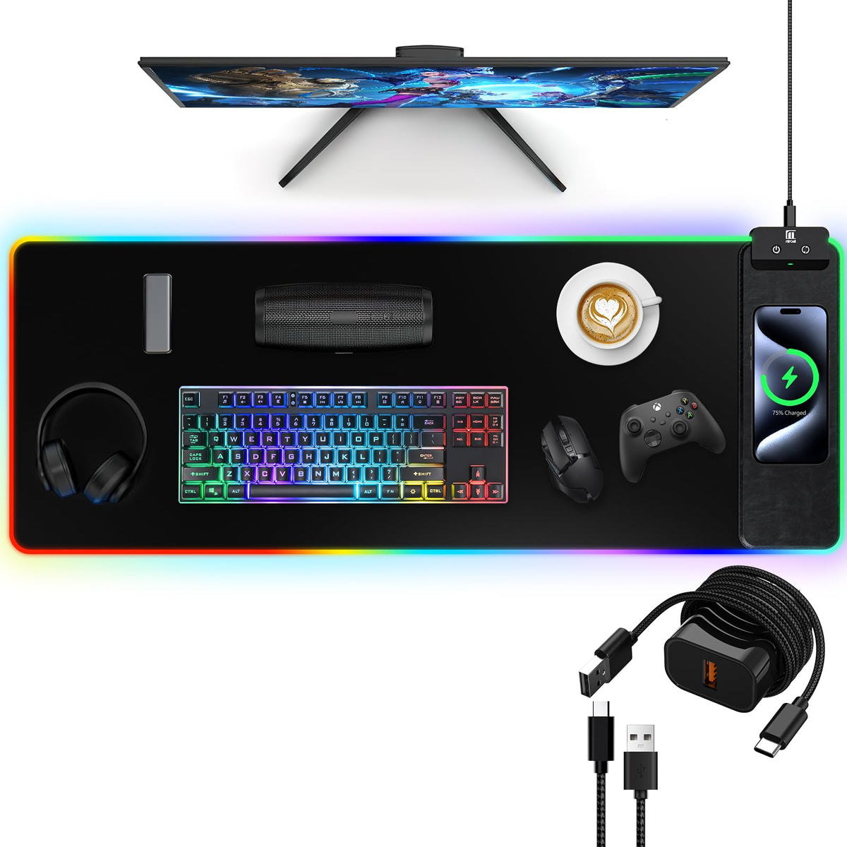 Wireless Charging RGB Mouse Pad with Phone Stand, Large Gaming Desk Mat