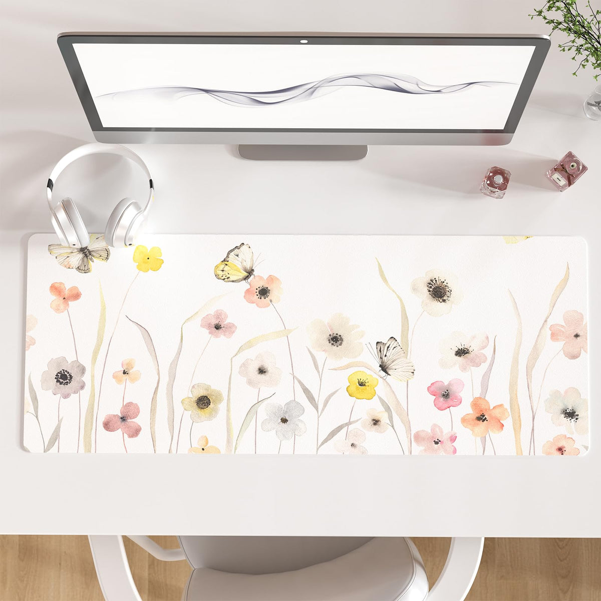 Faux Leather Large Mouse Pad, Office Desk Mat, 31.5"x15.7", Pink Floral