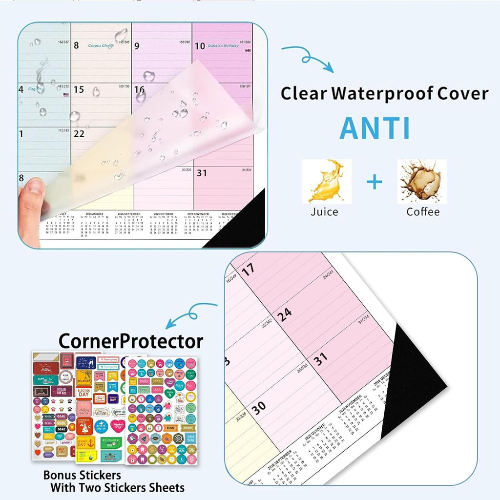 Desk Calendar 2026-2027 - 18 Month Desk Calendar july 2026-2027 Dec, 17" x 12", Large Desk Calendar with Thick Paper, Plastic Cover, Stickers, Home or Office Calendar for Easy Organizing