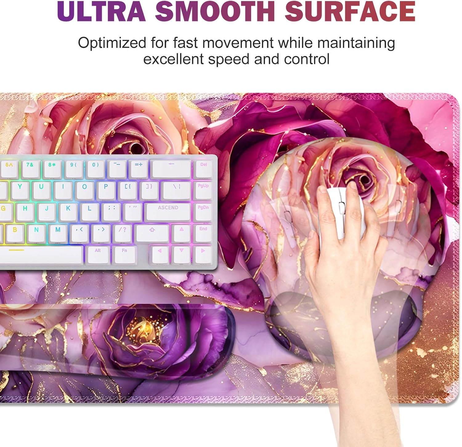 Gaming Mouse Pad Large Desk Mat, Cute Purple Marble Rose Desk Pad Protector