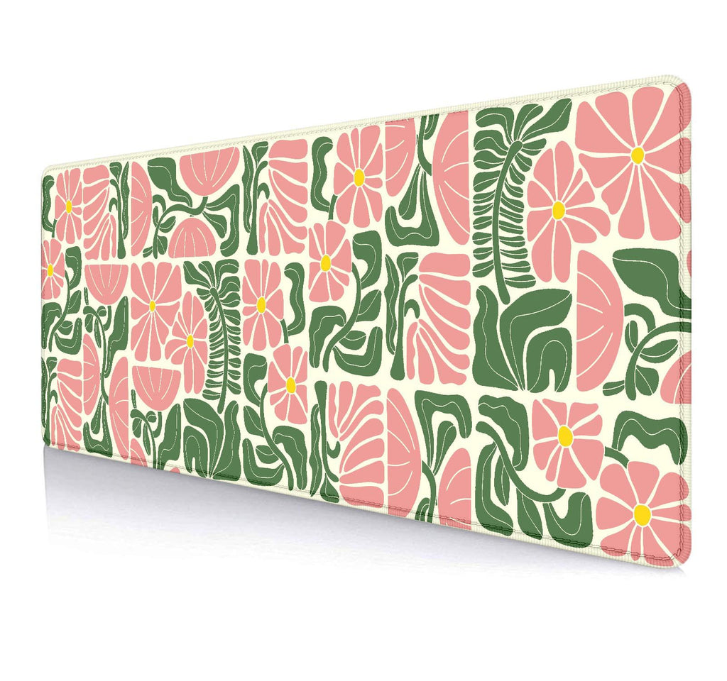 Large Mouse Pad Mousepad, Pink Flowers in a Blue Desk Mats for Desktop, Watercolor Beautiful Floral Laptop Computer Desk Pad, Non-Slip Rubber Base Desktop Mat, 31.5 x 11.8 inches
