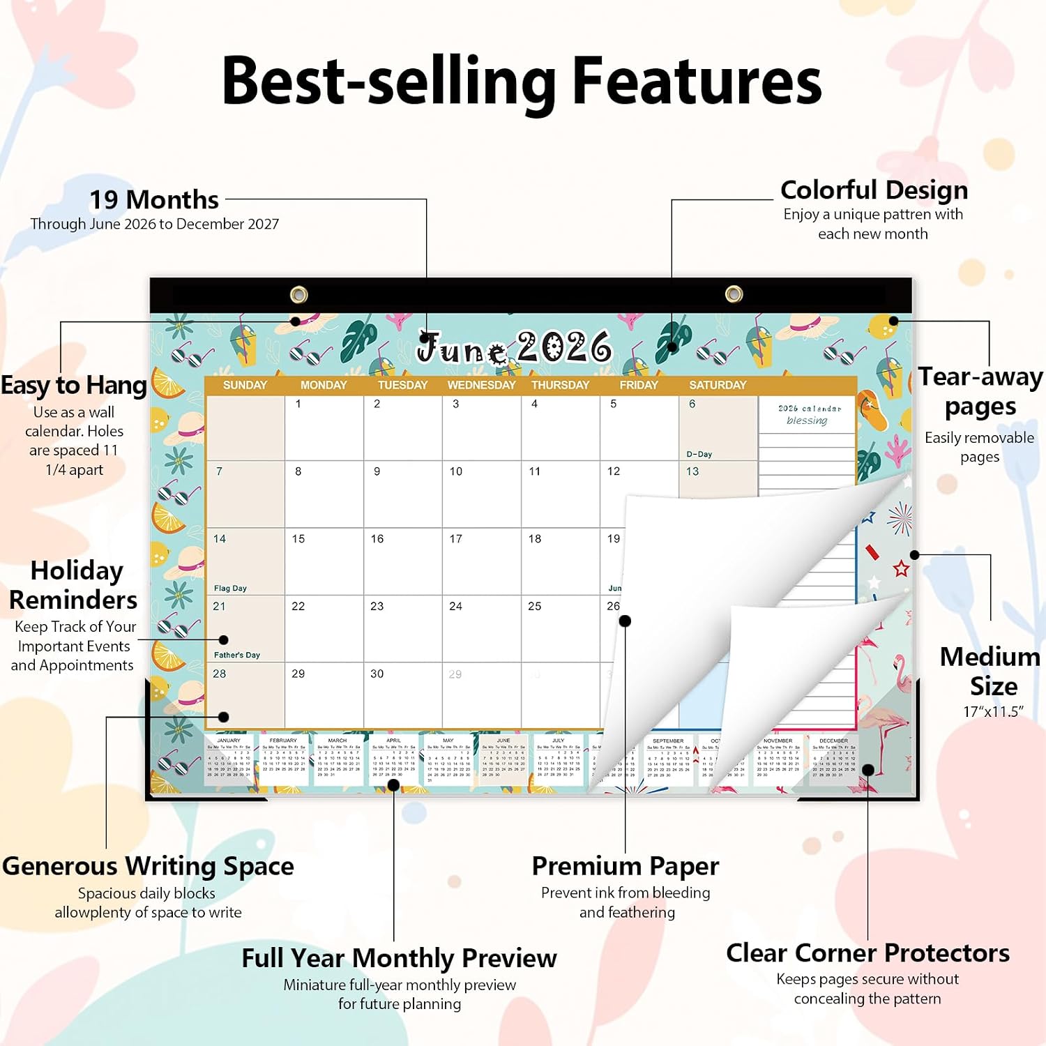 GuassLee Desk Calendar 2026-2027, Jun 2026-Dec 2027, 17"x11.5"