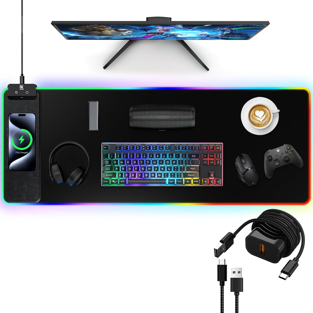 Wireless Charging RGB Mouse Pad with Phone Stand, Large Gaming Desk Mat