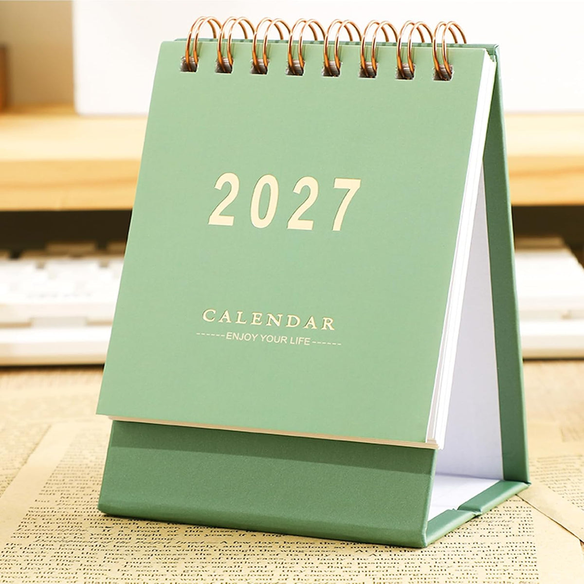 Mini Desk Calendar 2026-2027 - Runs From July 2026 until Dec 2027 Monthy Small Desktop Calendar 250 GSM Thick Paper Twin-Wire Binding for Home or Office (Green)