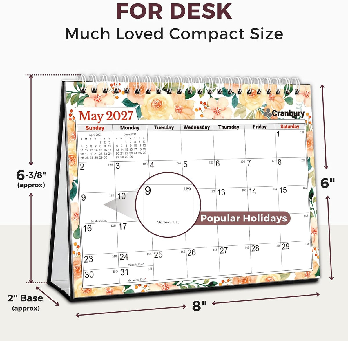 CRANBURY 2026-2027 Small Desk Calendar 8x6, Standing Flip Planner
