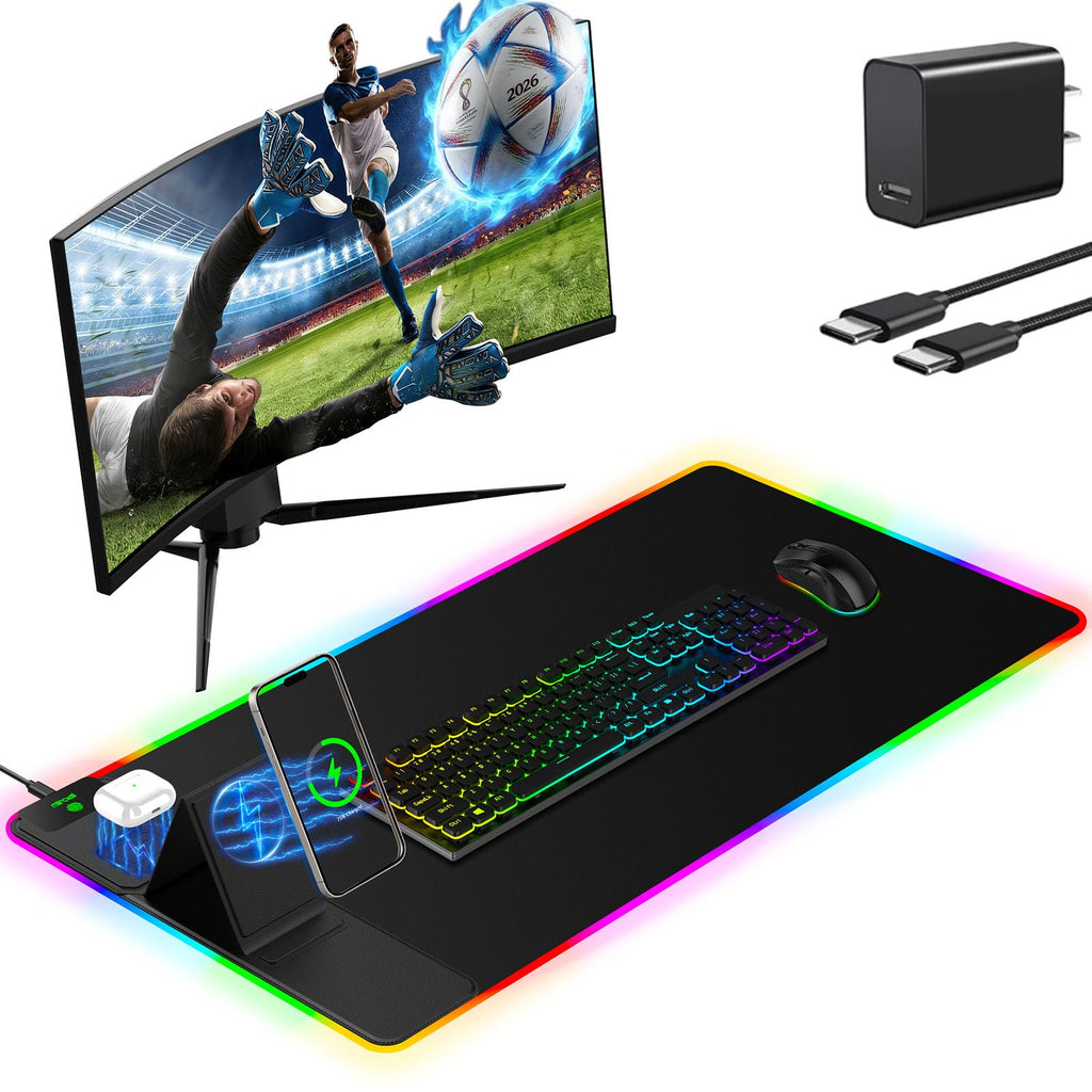 XXL Mouse Pad with Phone Holder - Black, RGB Desk Mat with 15W Fast Charging, LED Gaming Mousepad with 11 Light Colors, Waterproof Non-Slip Pad for Office & Home (Black with PD Adapter)
