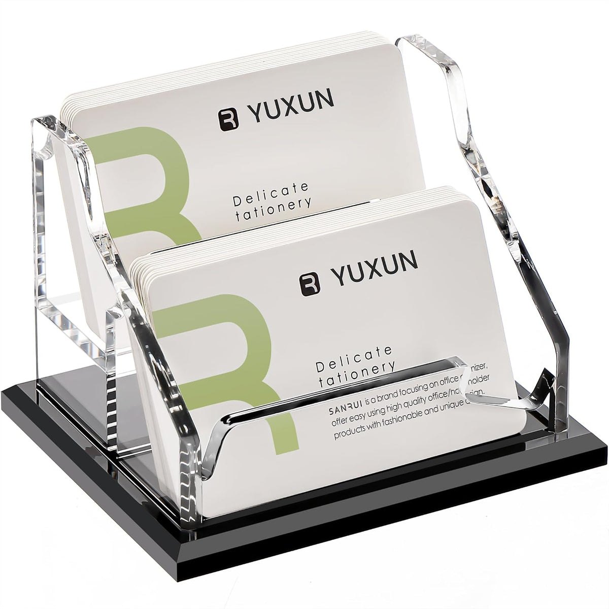 YUXUN Black Business Card Holder for Desk-2 Tier 2 Slot, Acrylic Business Card Holder for Women Men, 100+ Business Cards Display Stand, Multiple Business Card Display for Exhibition, Home, Office
