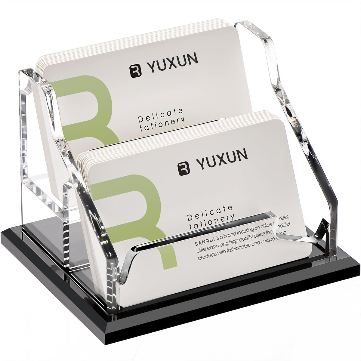 YUXUN Black Business Card Holder for Desk-2 Tier 2 Slot, Acrylic Business Card Holder for Women Men, 100+ Business Cards Display Stand, Multiple Business Card Display for Exhibition, Home, Office