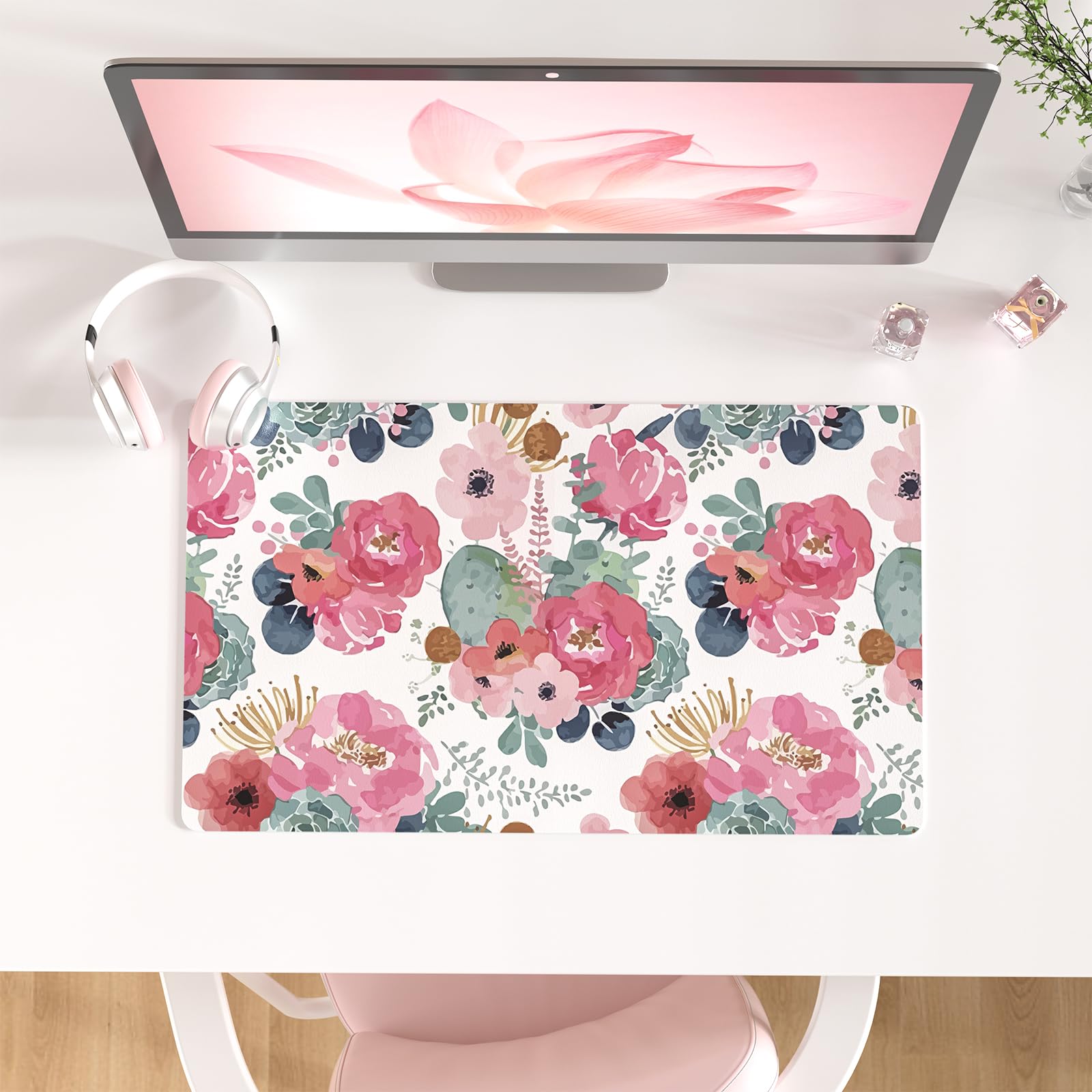 QIYI PU Leather Large Mouse Pad, Waterproof Desk Mat, 31.5" x 15.7", Peony
