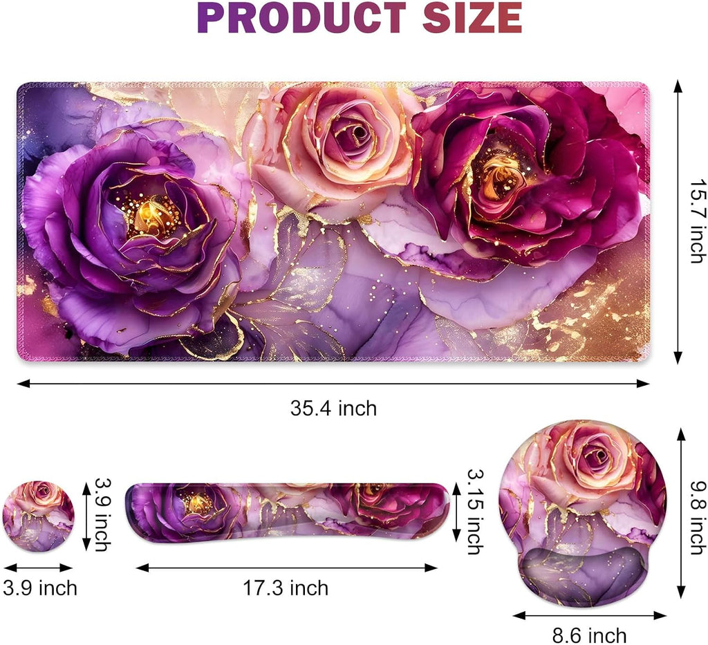 Gaming Mouse Pad Large Desk Mat, Cute Purple Marble Rose Desk Pad Protector