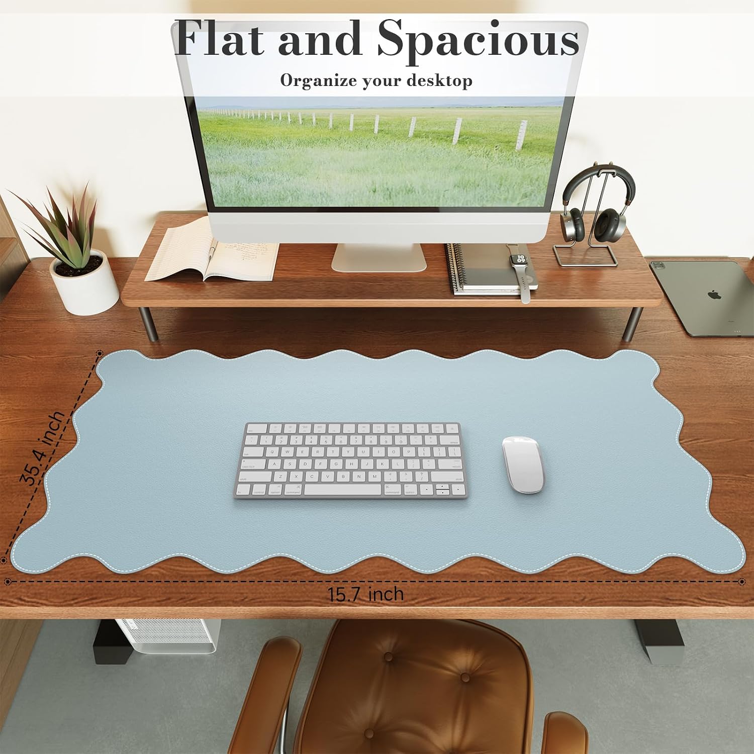 iCasso Blue Scalloped Mouse Mat, 35.4"x15.7" Computer Mat for Office