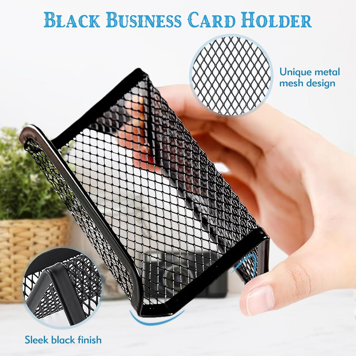 2 Pcs Black Business Card Holder Desk, Wire Mesh Business Card Holder Display, Desktop Business Card Stand, Metal Business Card Display Holder for real estate, Office, Tradeshow, Bar (2)