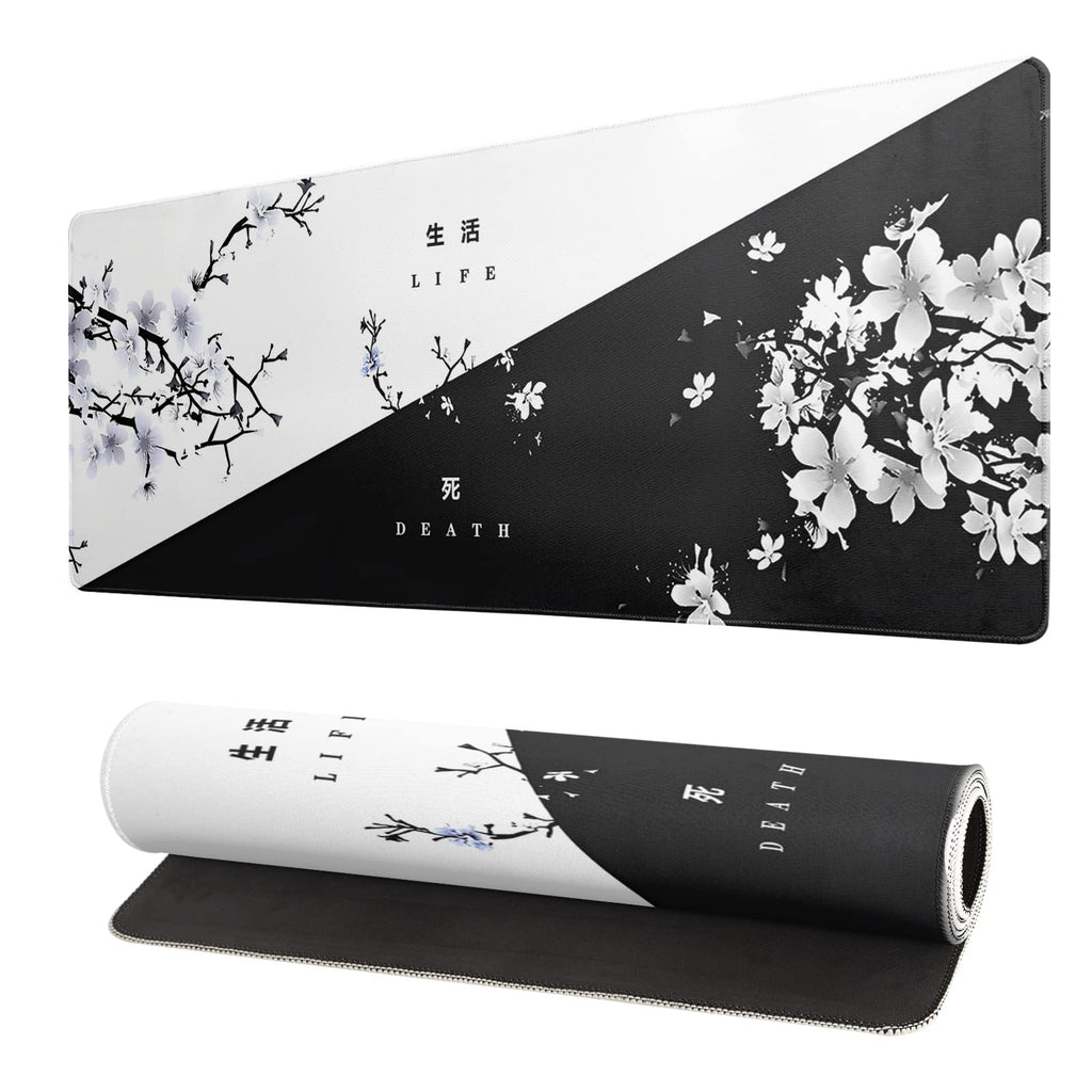 Black and White Japanese Wave Dragon Gaming Mouse Pad - Abstract Mat with Non-Slip Rubber Base, 31.5x11.8 Inch, Stitched Edges - Desk Pad for Office and Home