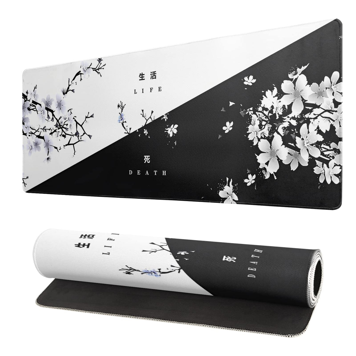 Black and White Japanese Wave Dragon Gaming Mouse Pad - Abstract Mat with Non-Slip Rubber Base, 31.5x11.8 Inch, Stitched Edges - Desk Pad for Office and Home