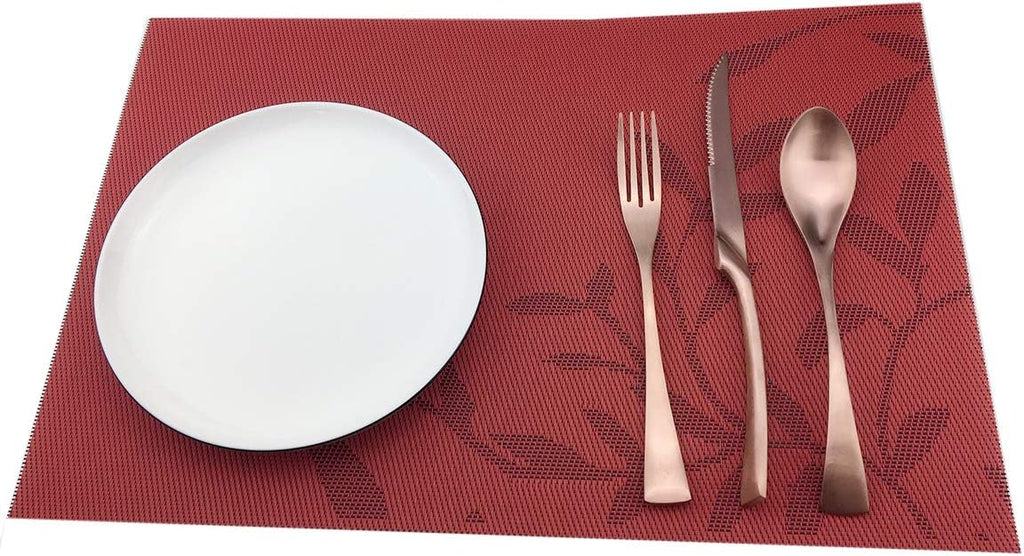 Place Mats PVC Set of 6, Table Placemats Set of 6 PVC Table Mats Natural Color (6 pcs, Red Leaves)