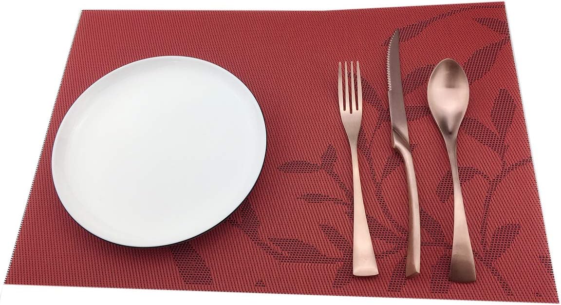 Place Mats PVC Set of 6, Table Placemats Set of 6 PVC Table Mats Natural Color (6 pcs, Red Leaves)