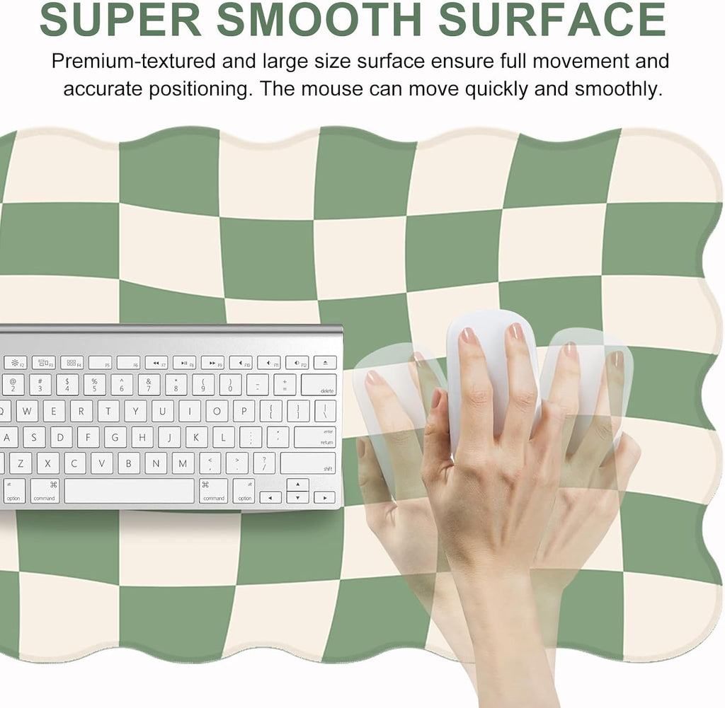 L-SPOUTTO Green Mouse Pad,Geometric Desk Mat XXL Large Scalloped Gaming Mousepad,35.4x15.7in Non-Slip Rubber Base Keyboard Pad Waterproof Desktop Mat for Laptop Computer Game Home Office-Checkered